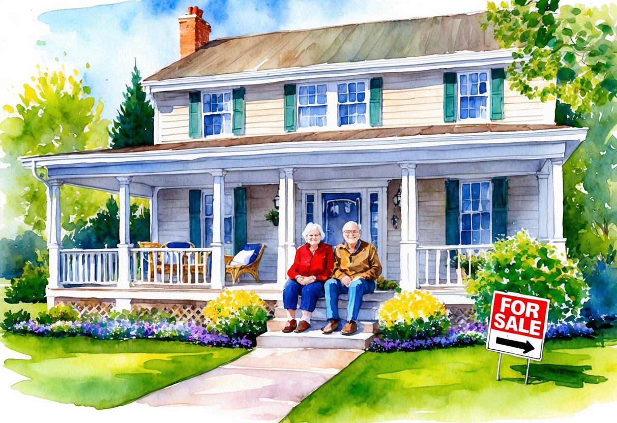 An elderly couple sitting on their front porch, surrounded by a well-maintained garden and a cozy outdoor seating area. The house is large and welcoming, with a "For Sale" sign in the yard