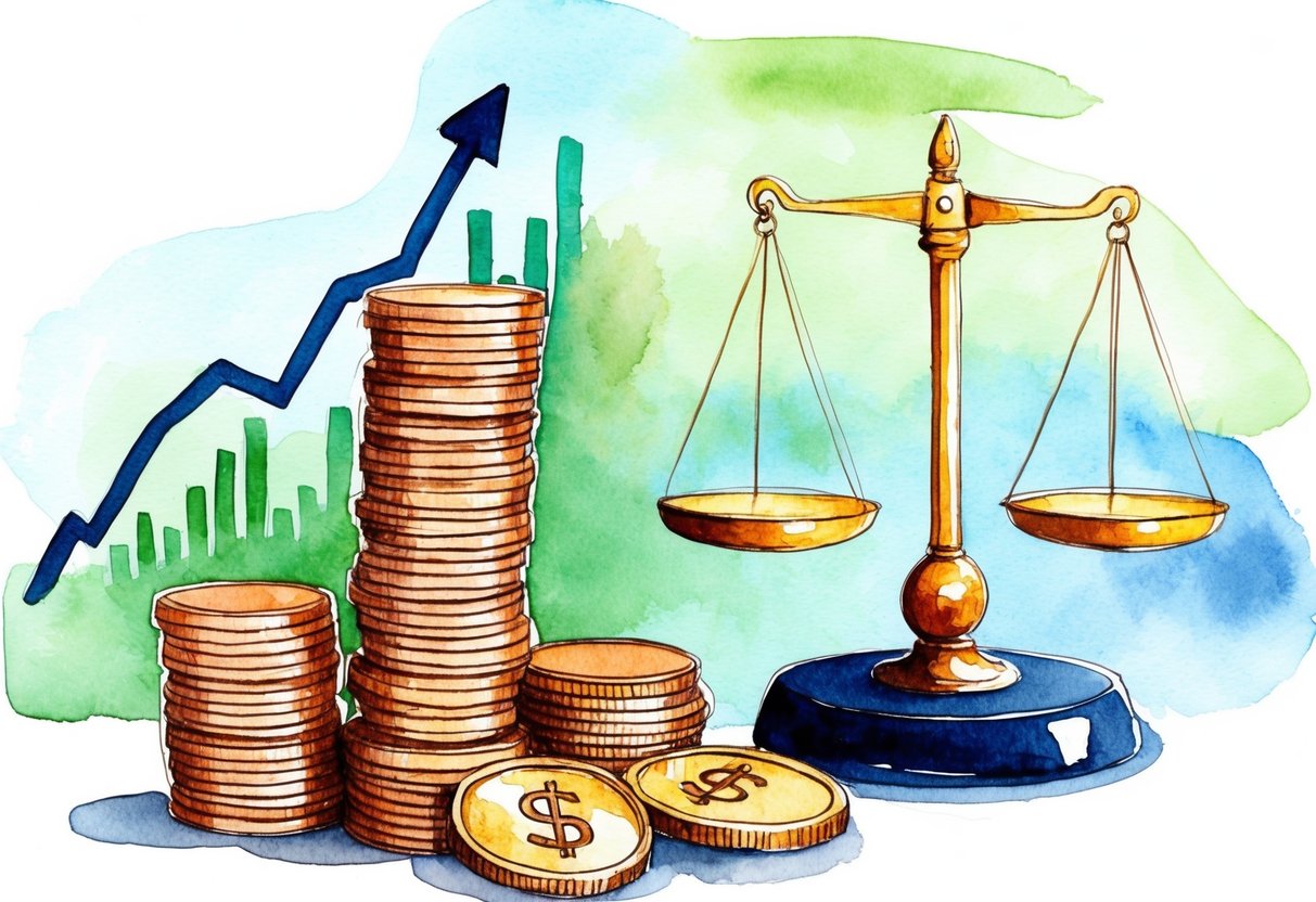 A stack of coins, a growing graph, and a scale balancing money and assets