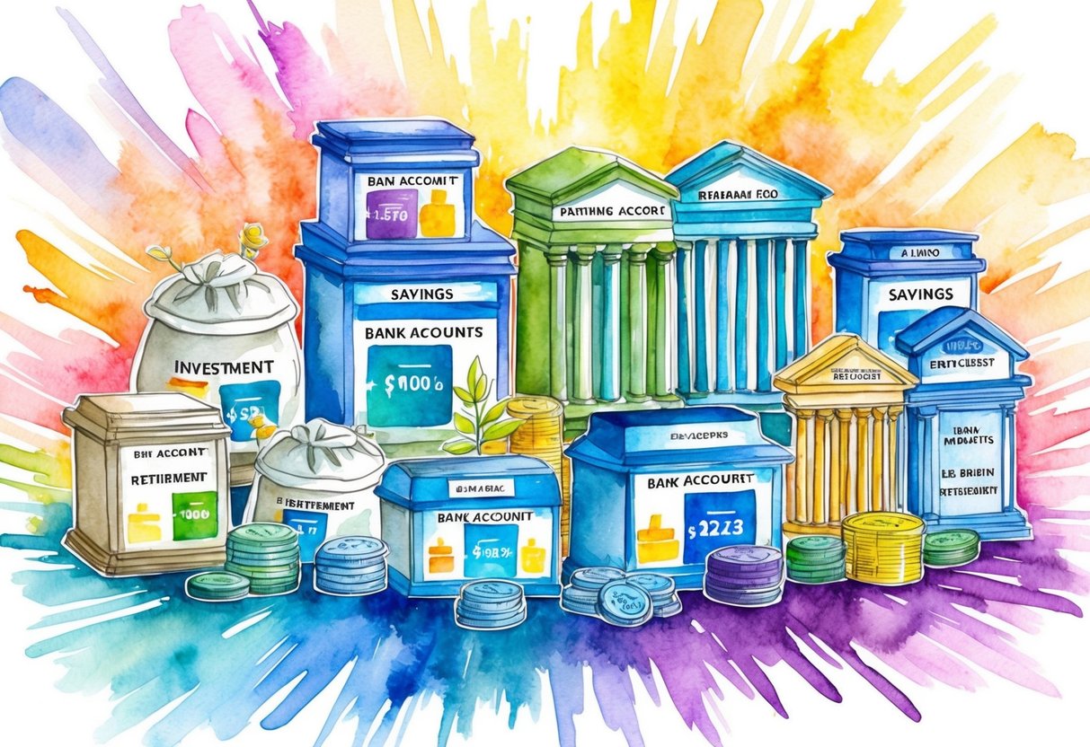 A diverse range of bank accounts, including savings, investment, and retirement options, displayed on a vibrant and dynamic backdrop symbolizing economic fluctuation