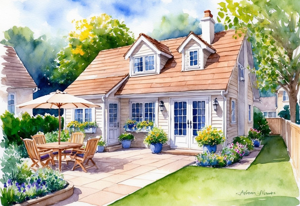 A cozy home with a lush garden, a sunny patio, and a peaceful neighborhood setting, conveying a sense of long-term security and comfort