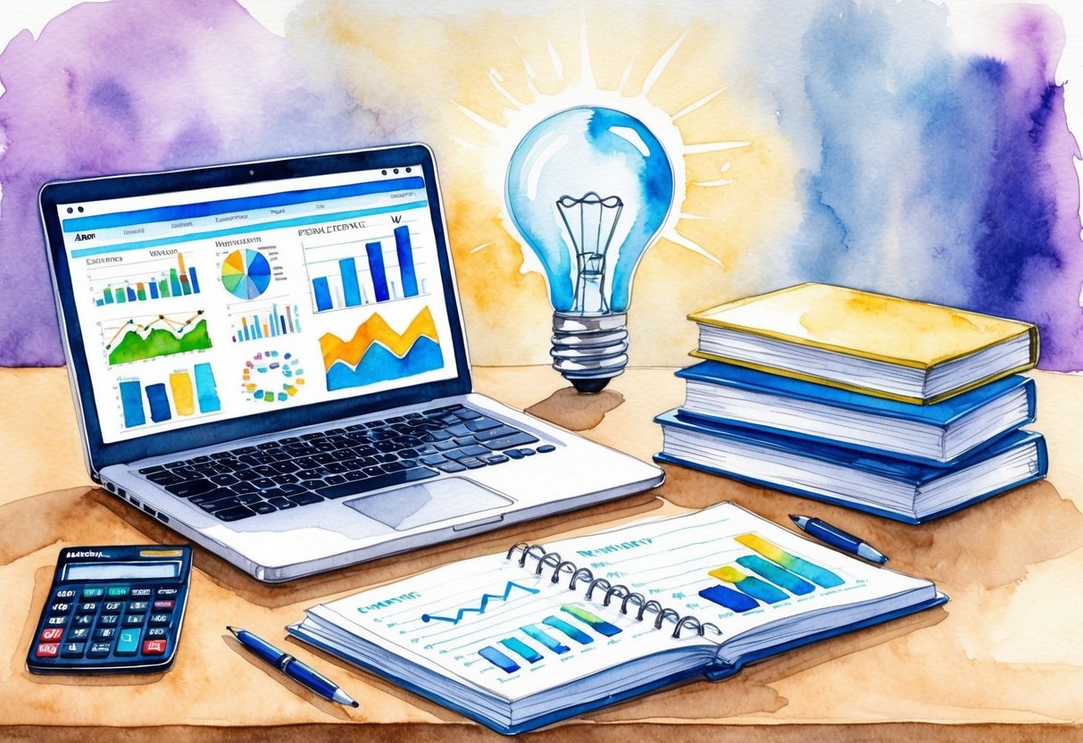 A desk with a laptop, financial charts, and a calculator. A stack of books on personal finance. A light bulb symbolizing insight and understanding