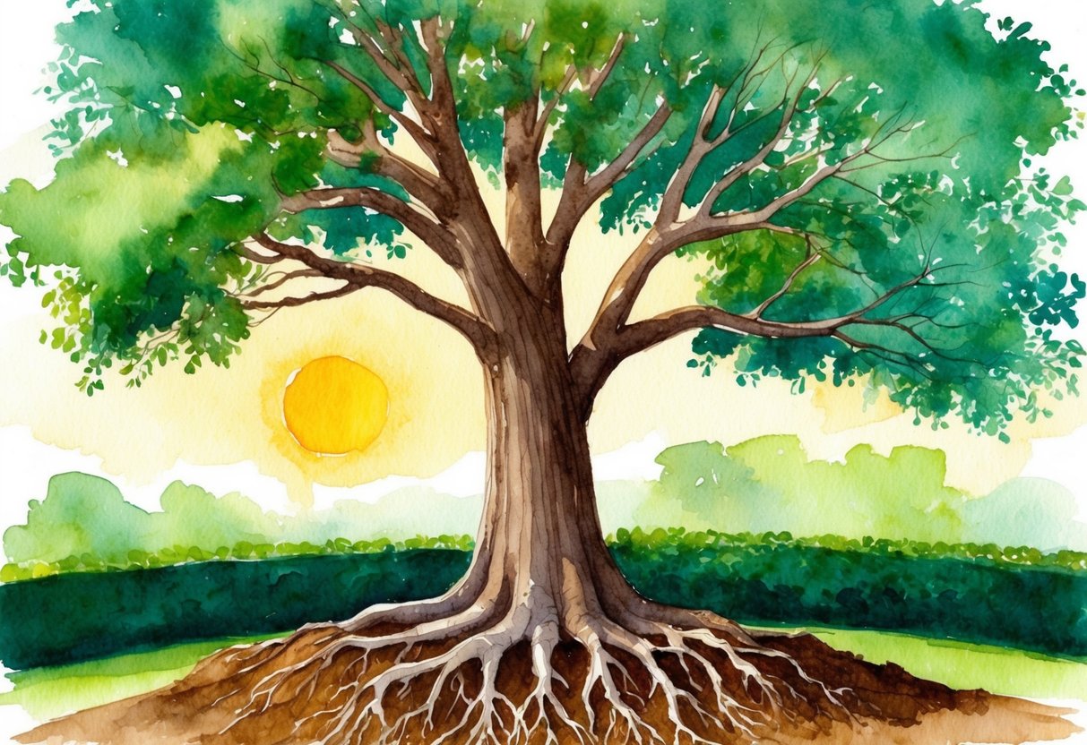 A grand oak tree with roots firmly planted in rich soil, surrounded by a protective hedge and a shining sun in the background