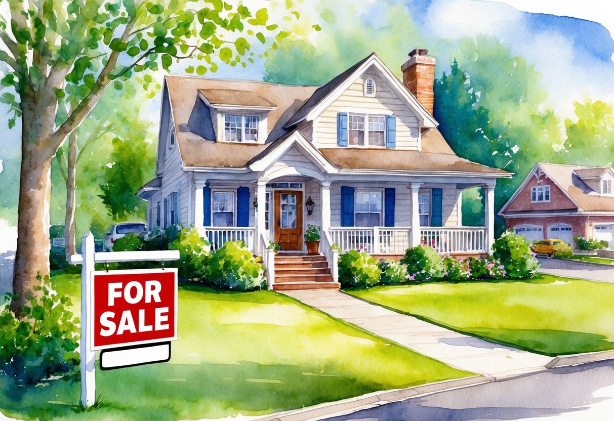 A cozy, well-maintained house surrounded by lush greenery and a peaceful neighborhood, with a "For Sale" sign replaced by a "Retired" sign