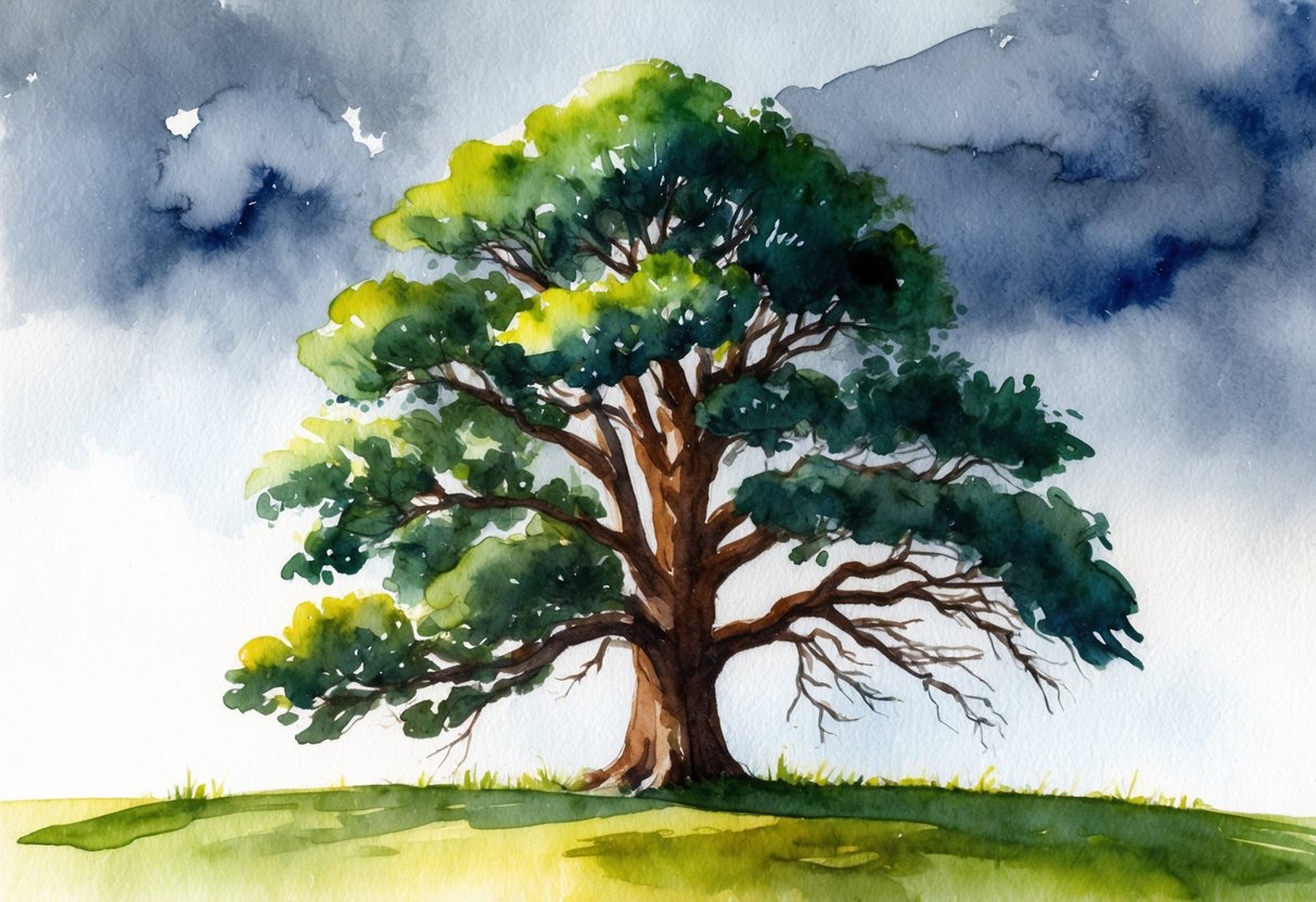 A sturdy oak tree stands tall amidst a stormy sky, symbolizing stability and protection in an uncertain economic landscape