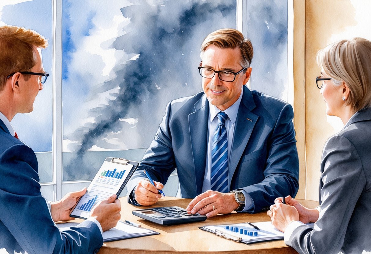 A professional financial advisor guiding clients through a stormy economy, offering strategies to safeguard and grow their wealth