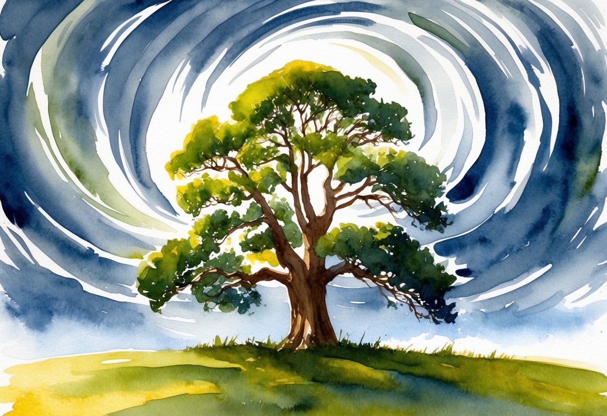 A sturdy oak tree stands tall amidst swirling winds and stormy skies, symbolizing stability and resilience in an unpredictable economy