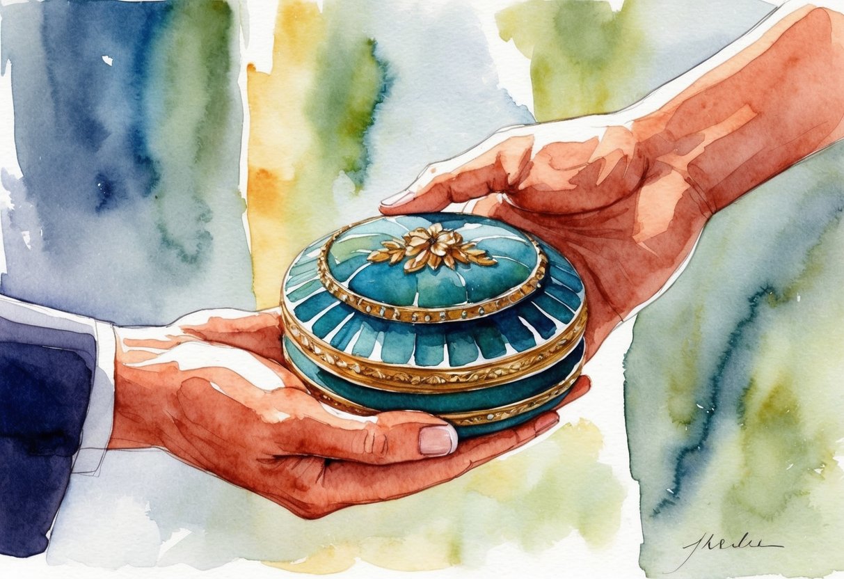 A family heirloom being passed from one generation to the next, symbolizing the preservation of wealth through time and economic fluctuations