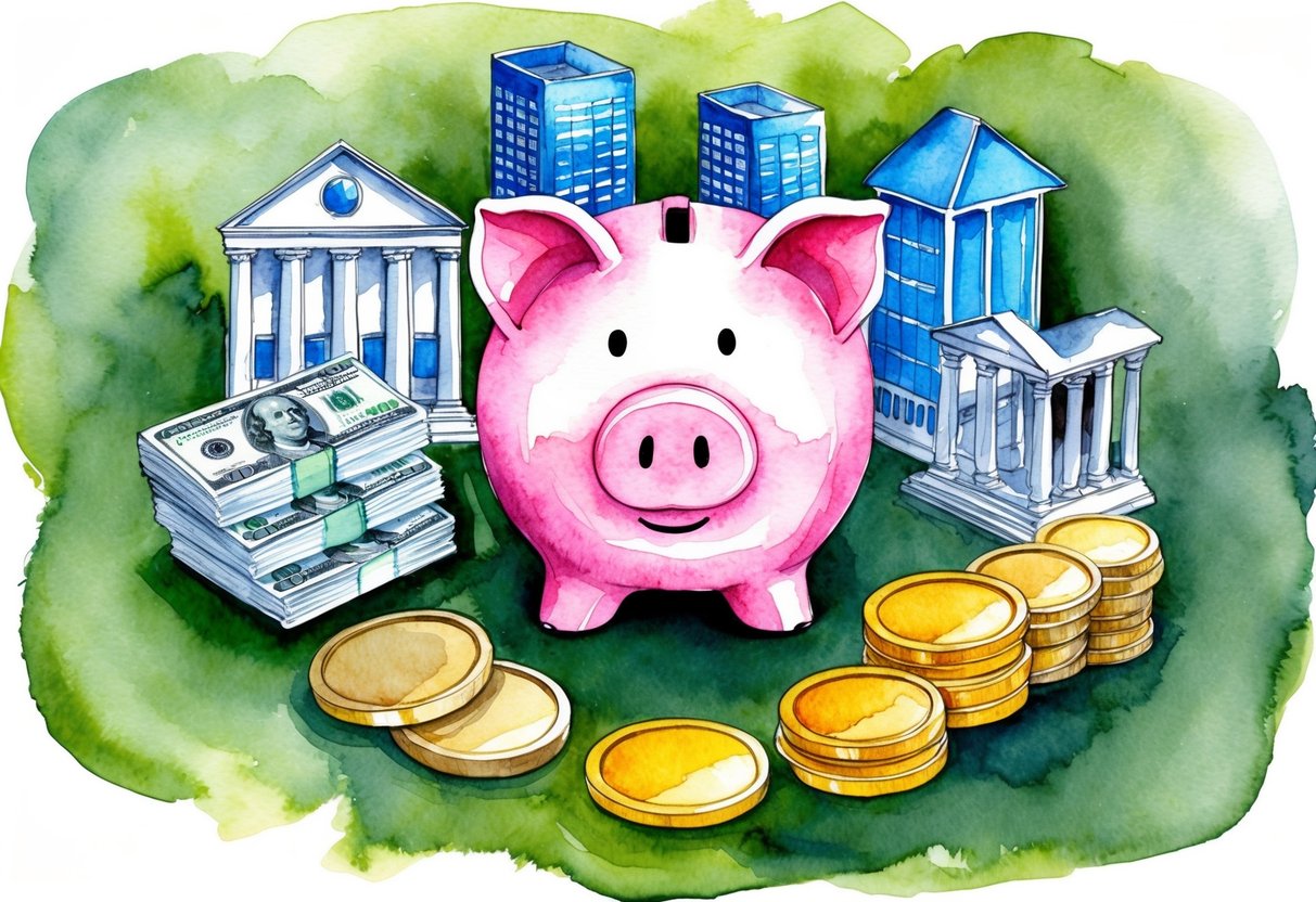 A piggy bank surrounded by a variety of investment options, such as stocks, real estate, and precious metals, symbolizing the different ways to preserve personal wealth in an unpredictable economy