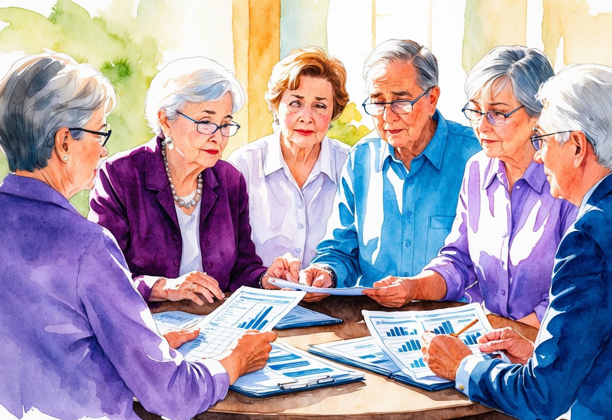 A group of elderly individuals sitting around a table, looking puzzled while reviewing financial documents and charts
