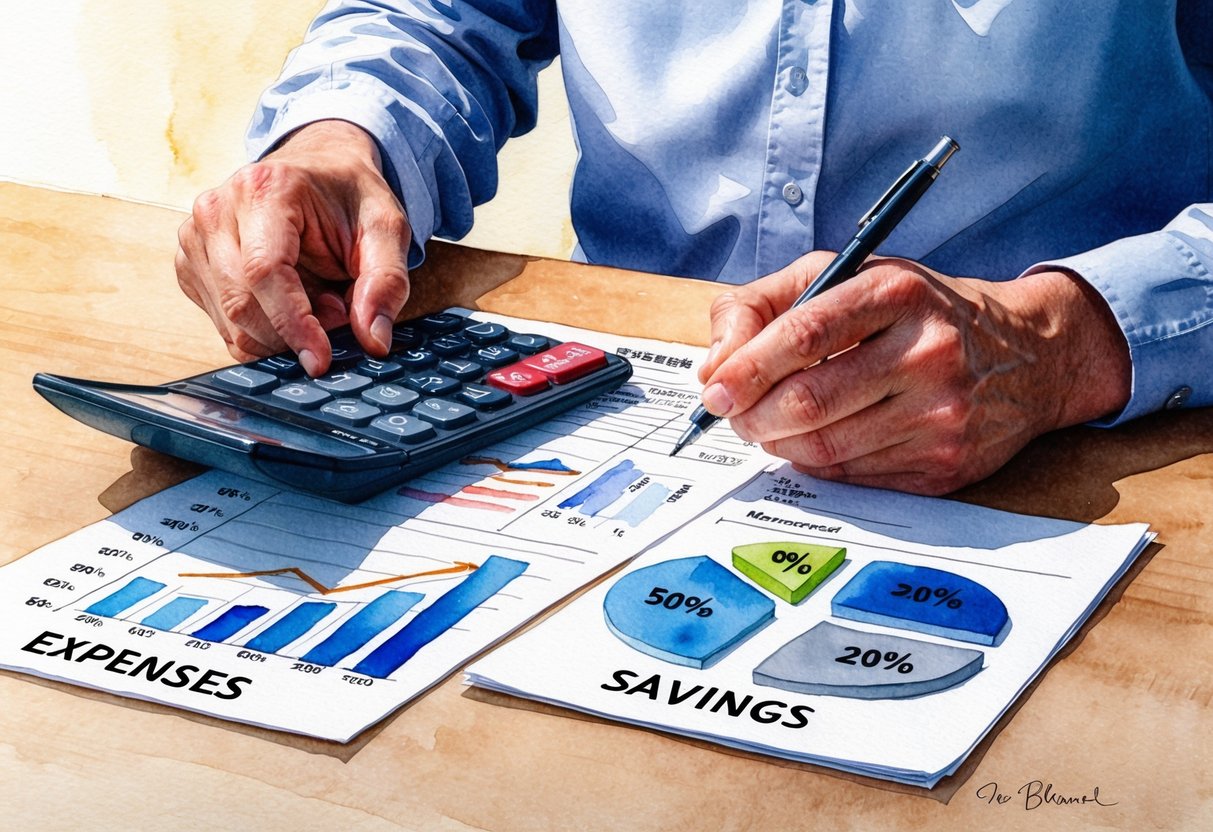 A person with a calculator and financial documents, dividing expenses and savings into 50%, 30%, and 20% categories
