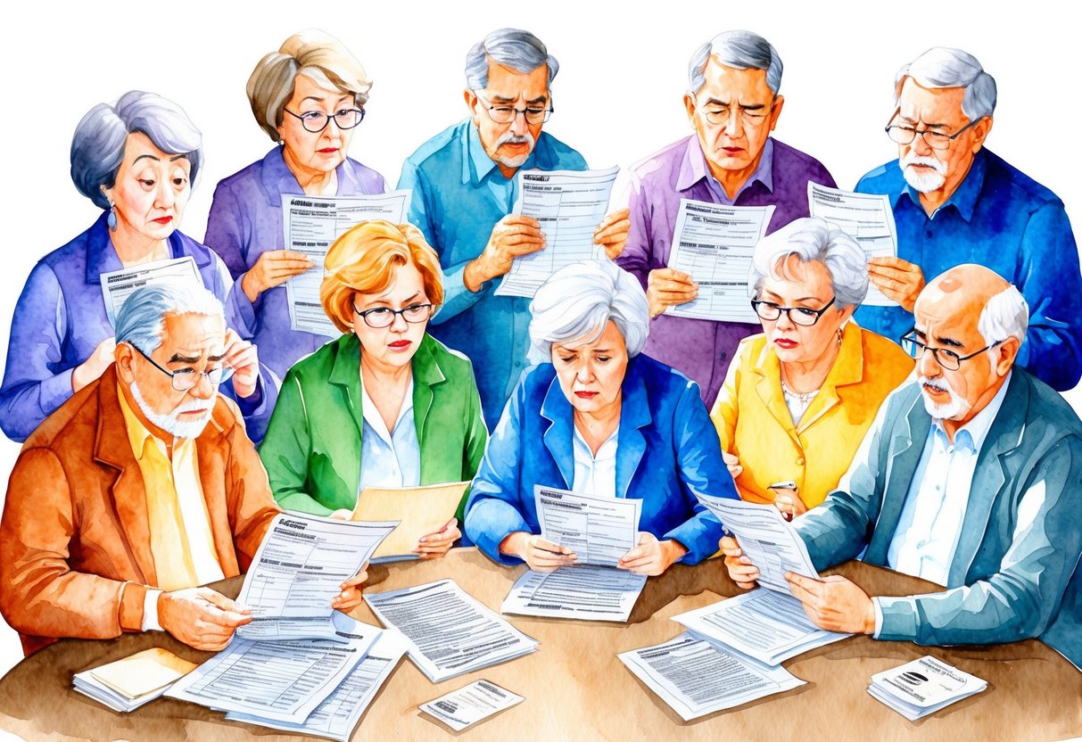 A group of retirees surrounded by confusing tax forms and documents, looking frustrated and overwhelmed