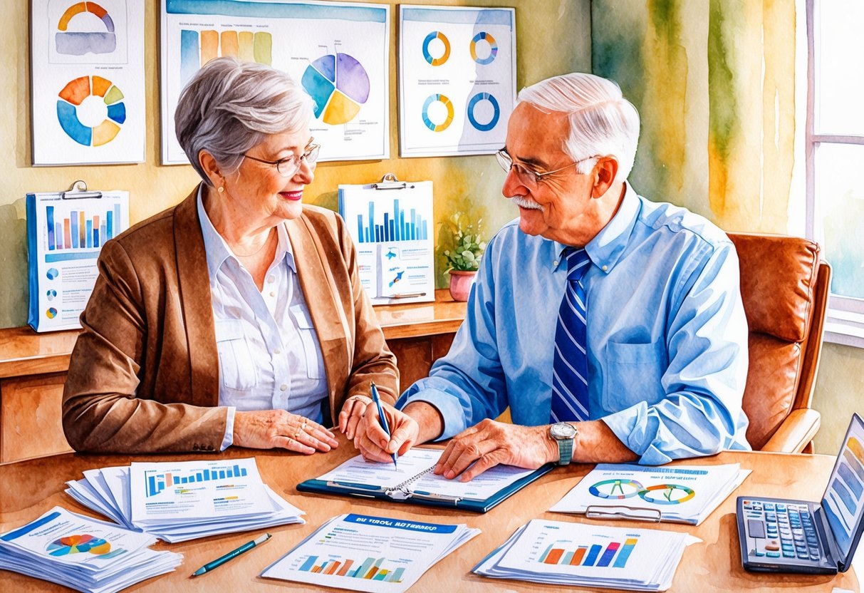 A senior couple consults with a financial advisor in a cozy office, surrounded by retirement planning materials and charts