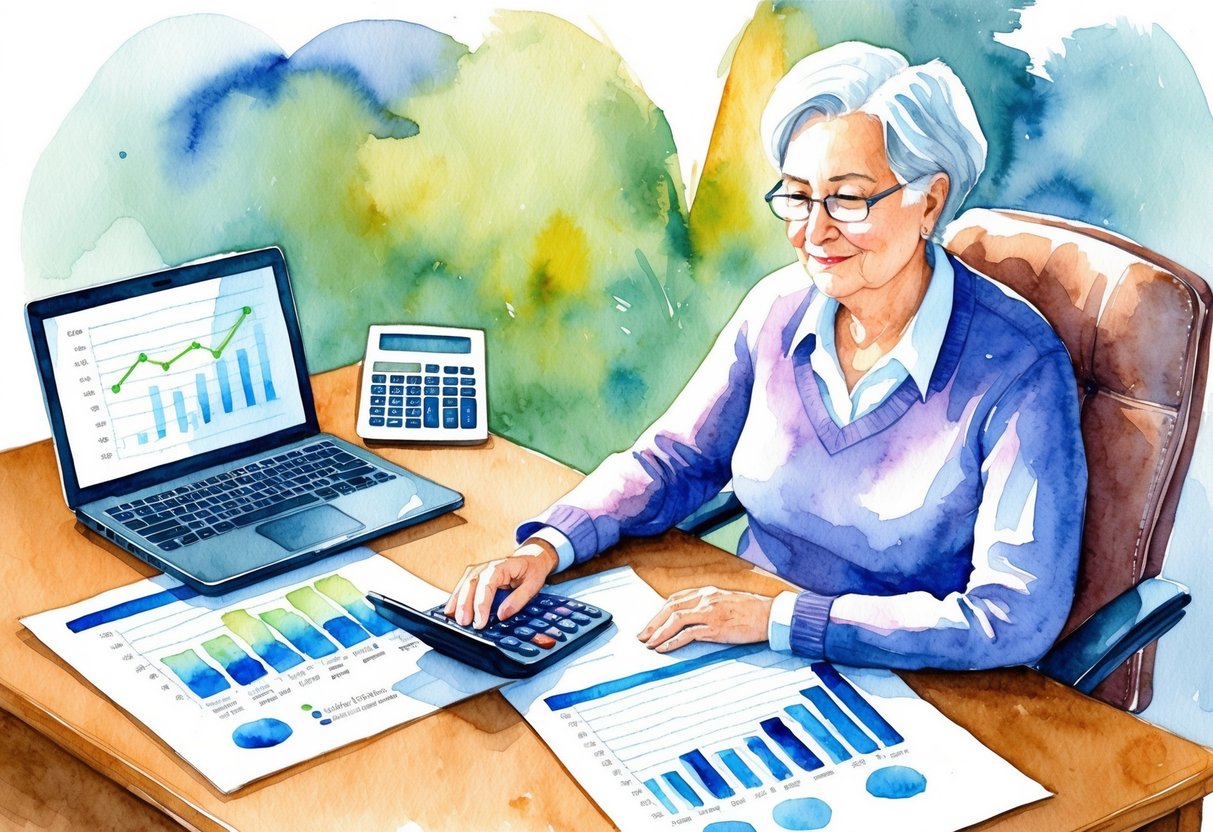 A serene older person sits at a desk, surrounded by financial documents and a laptop. A calculator and retirement savings graph are visible on the desk