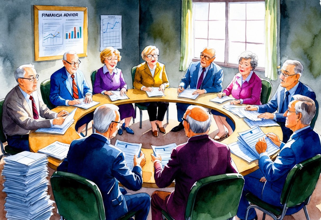 A group of elderly people sit in a circle, looking frustrated as they review their financial plans with a traditional advisor. The room is dimly lit, with stacks of paperwork and charts scattered around