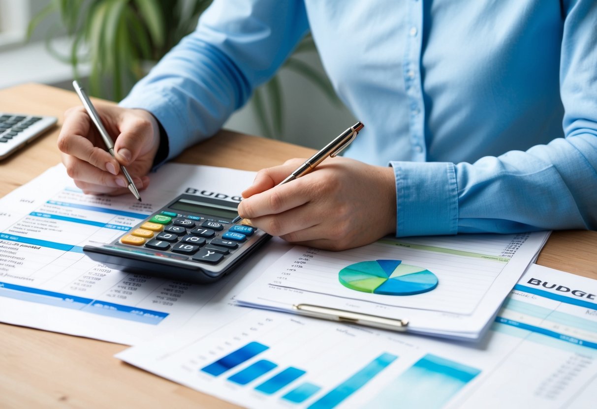 A person sitting at a desk with a calculator, budget spreadsheet, and financial documents spread out. They are using a pen to mark and organize their expenses