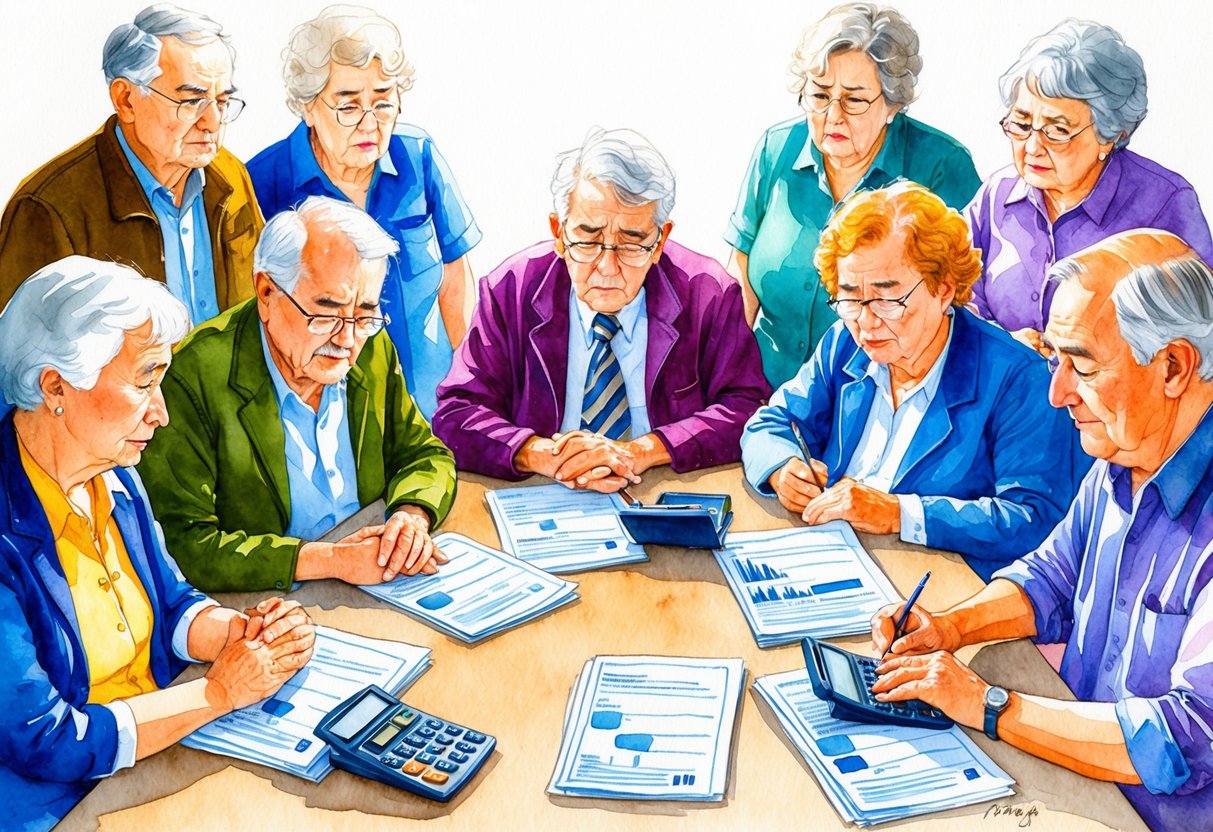 A group of elderly workers looking dejected while sitting around a table with financial documents and calculators, symbolizing the failure of traditional retirement planning