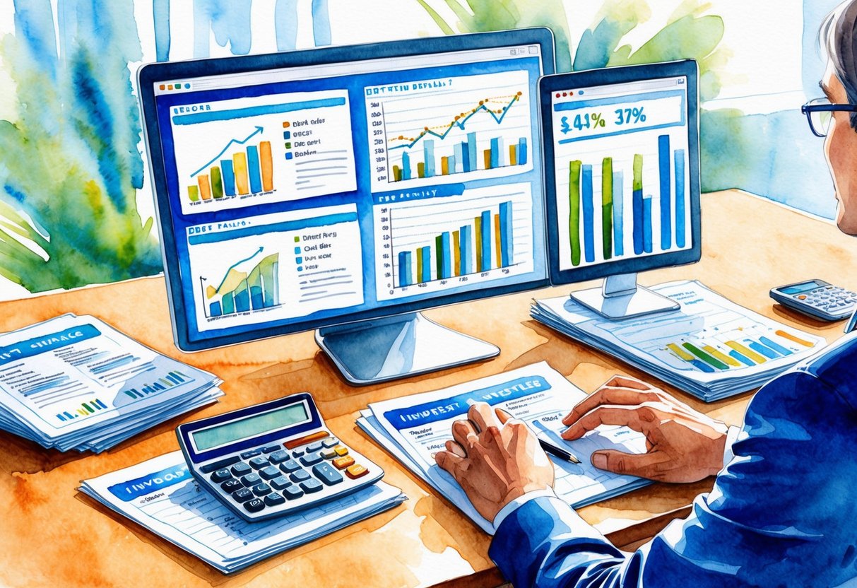 A person sitting at a desk, surrounded by financial documents and a calculator. Charts and graphs are displayed on a computer screen, showing debt and investment breakdowns