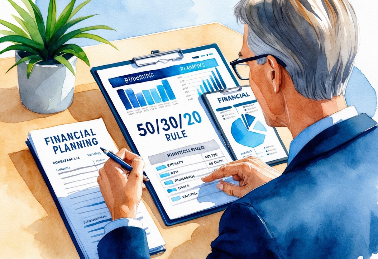 A person in their 40s or older reviewing financial documents and charts, contemplating the 50/30/20 rule for budgeting and financial planning