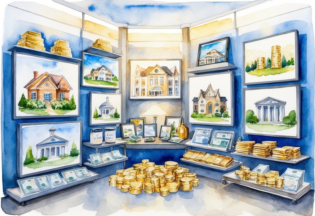 A diverse range of tangible assets such as real estate, precious metals, and art displayed in a secure, well-lit space