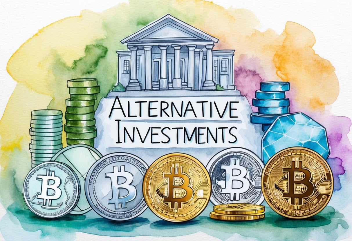 A diverse range of alternative investments such as real estate, precious metals, and cryptocurrencies are showcased, symbolizing the potential for generational wealth beyond traditional Wall Street options