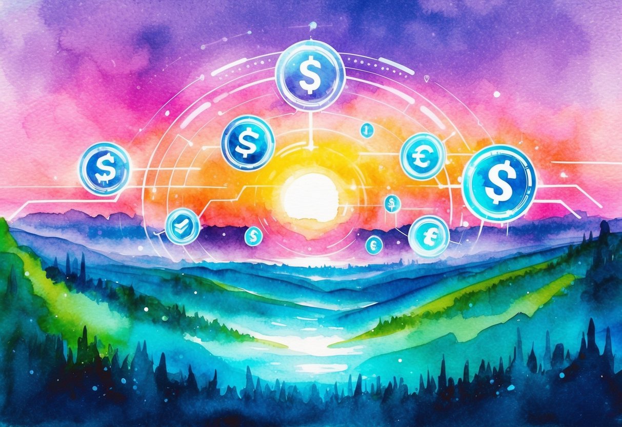 A vibrant digital landscape with futuristic symbols and currency icons floating above a glowing horizon