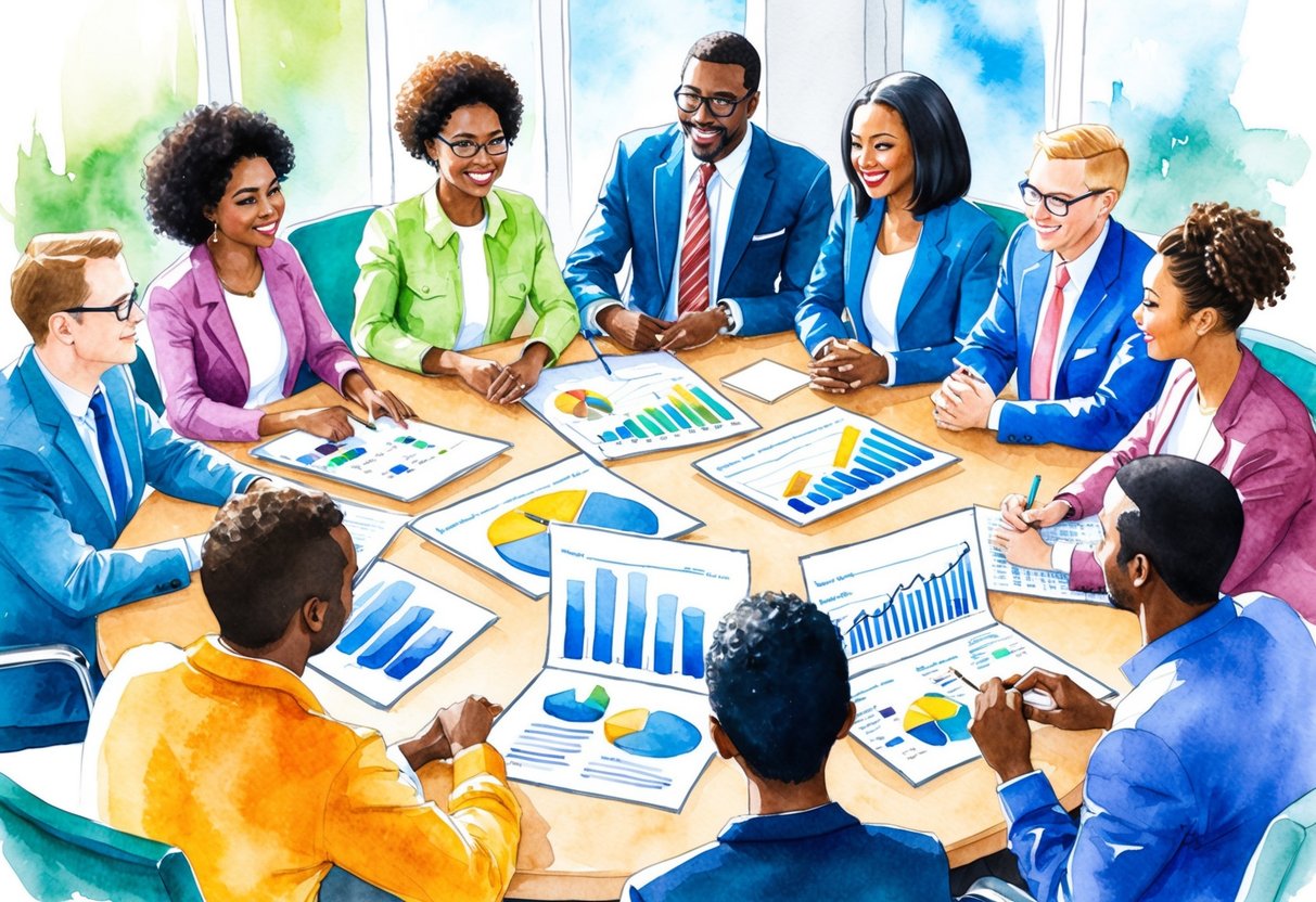 A group of diverse individuals gather around a table, discussing investment strategies. Charts and graphs are spread out as they brainstorm ideas for building generational wealth through non-Wall Street investments