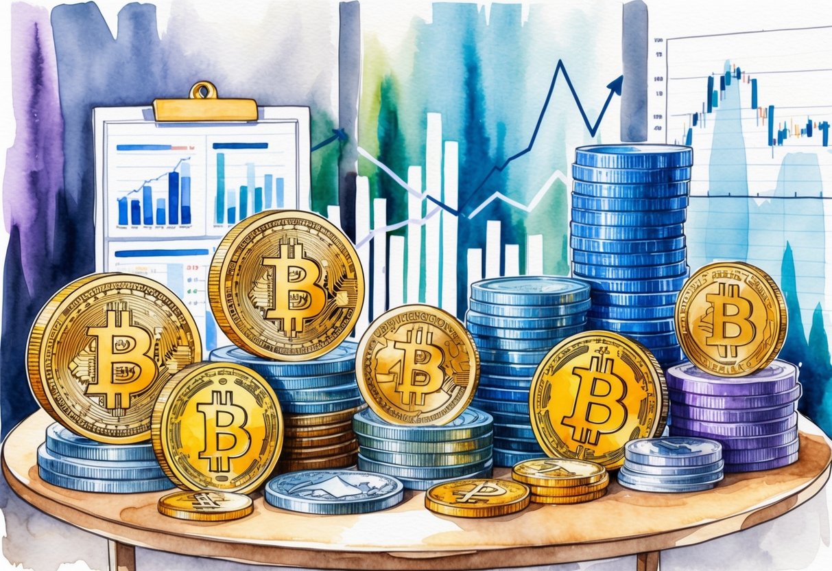 A diverse array of investment assets such as real estate, precious metals, and cryptocurrencies displayed on a table with charts and graphs in the background