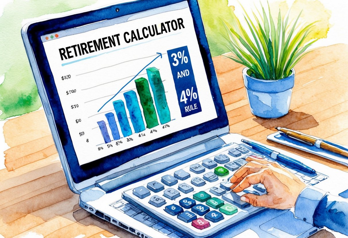A retirement calculator with a 3% and 4% rule graph displayed on a computer screen