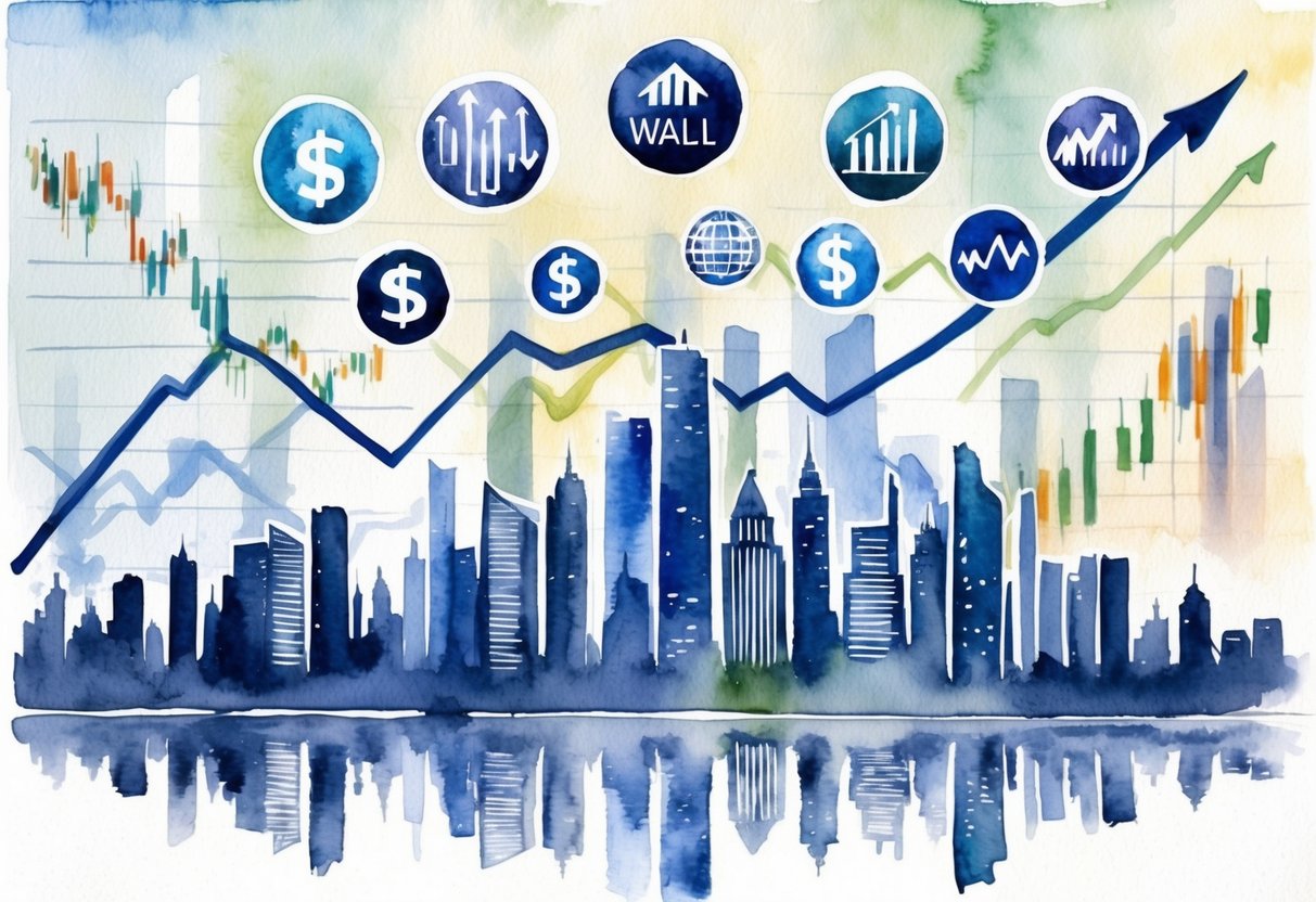 A bustling city skyline with various non-Wall Street investment symbols floating above, surrounded by upward-trending market graphs and economic indicators