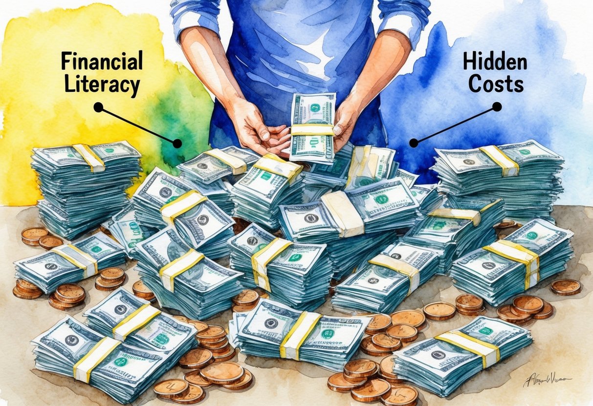 A person surrounded by piles of bills and coins, with one path leading to financial literacy and another to hidden costs