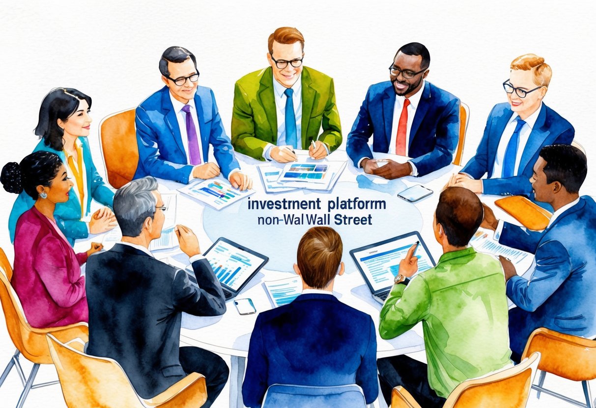 A diverse group of people gather around a table, discussing investment platforms and non-Wall Street opportunities, while a professional advisor provides guidance