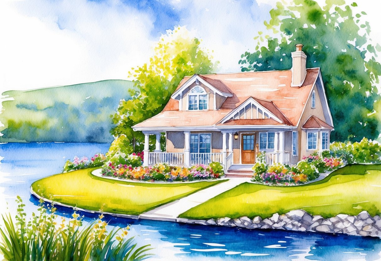 A peaceful retirement scene with a cozy home, a lush garden, and a serene lake, symbolizing financial security and stability