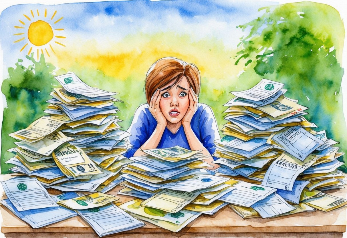A person surrounded by piles of unpaid bills and financial documents, looking stressed and overwhelmed. Outside, a sunny day contrasts with the person's financial struggles