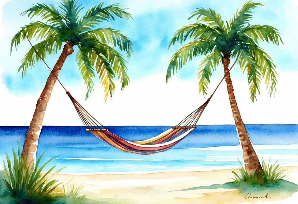 A tranquil beach with a hammock strung between two palm trees, overlooking a calm ocean and a clear blue sky
