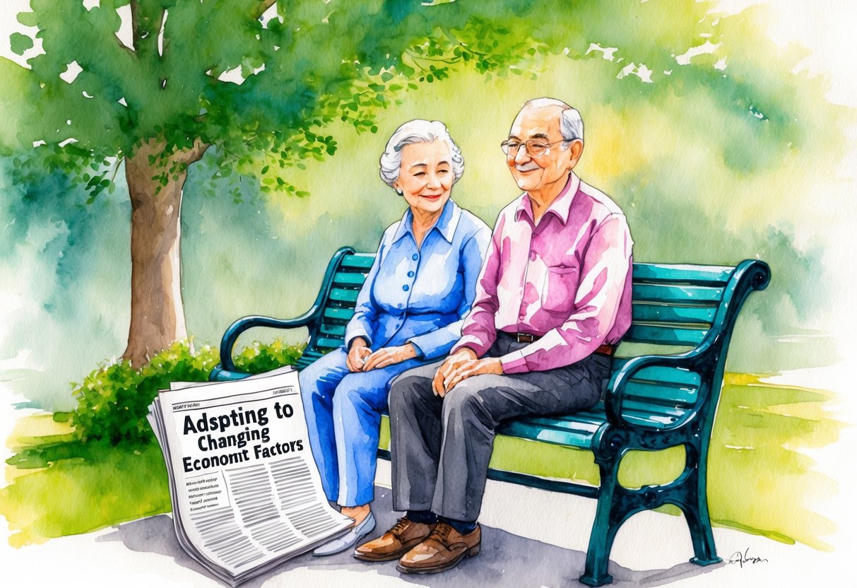 A serene, elderly couple sits on a park bench, surrounded by lush greenery and a gentle breeze. A newspaper with the headline "Adapting to Changing Economic Factors" lies open on the bench next to them