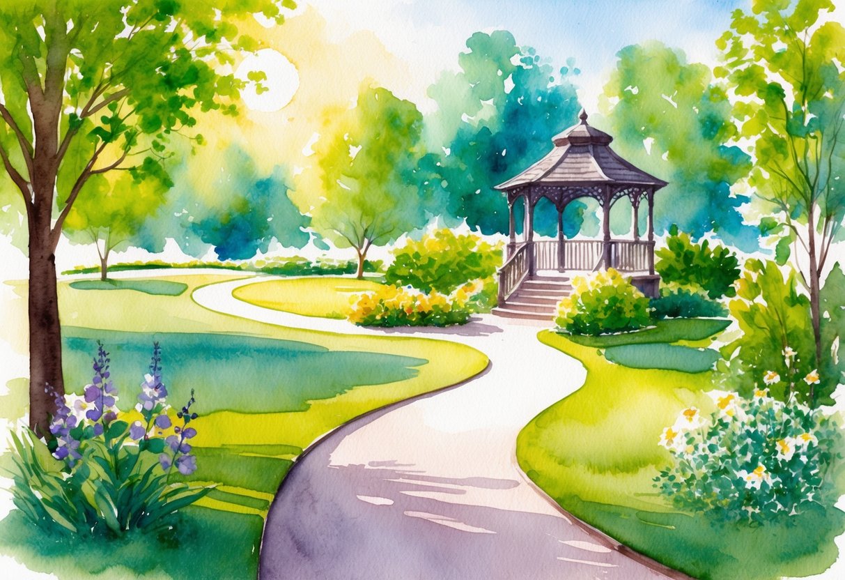 A serene, sun-drenched park with a winding path leading to a peaceful gazebo, surrounded by lush greenery and blooming flowers