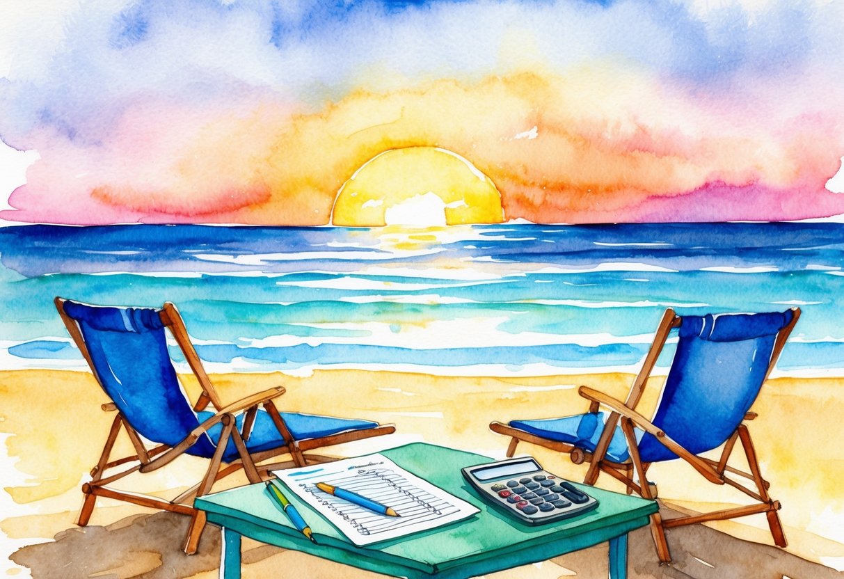 A serene beach at sunset, with a couple of lounge chairs and a small table set with financial planning documents and a calculator