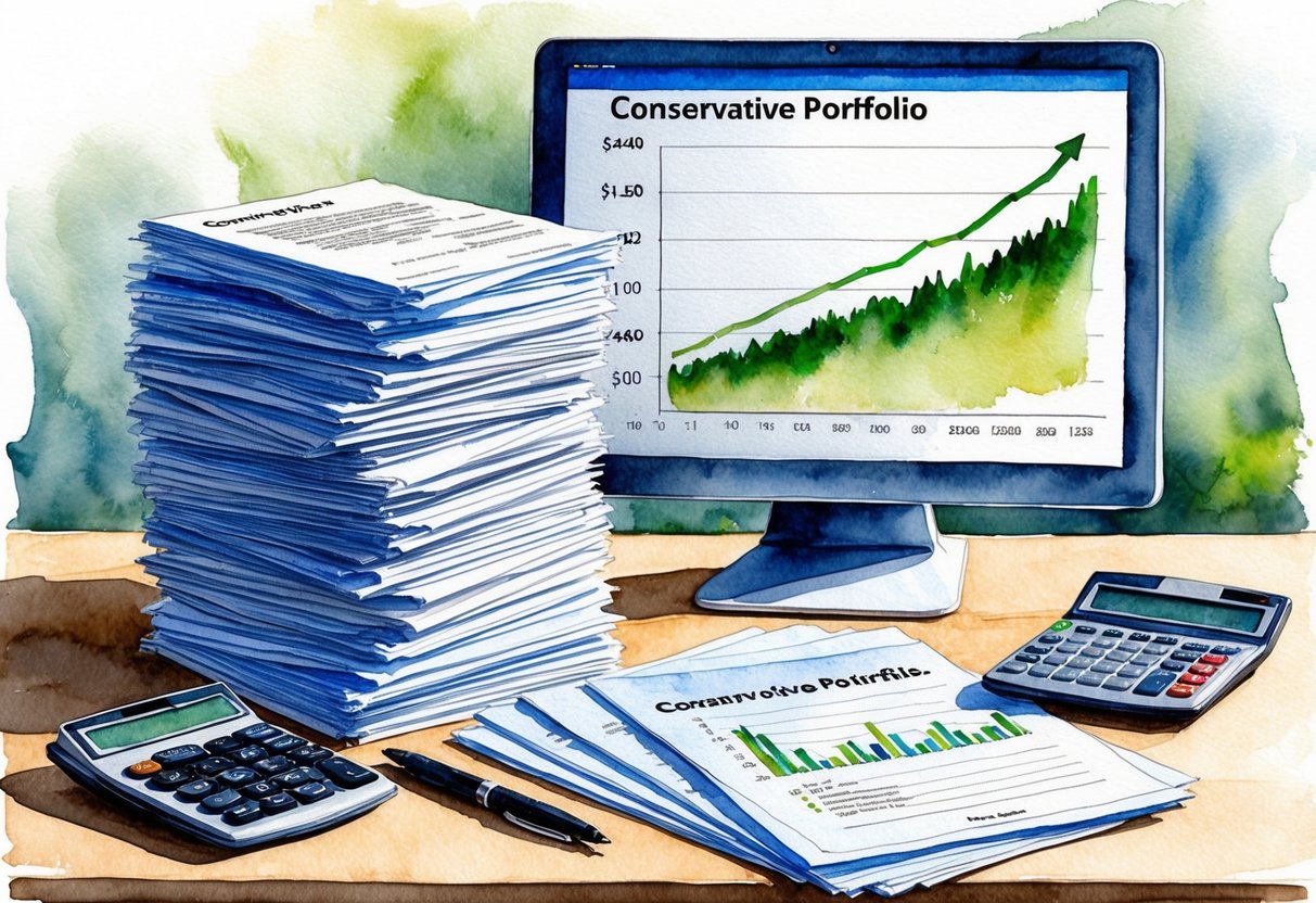 A stack of investment documents arranged on a desk, with a calculator and pen nearby. A graph showing a conservative portfolio's growth over time is displayed on a computer screen