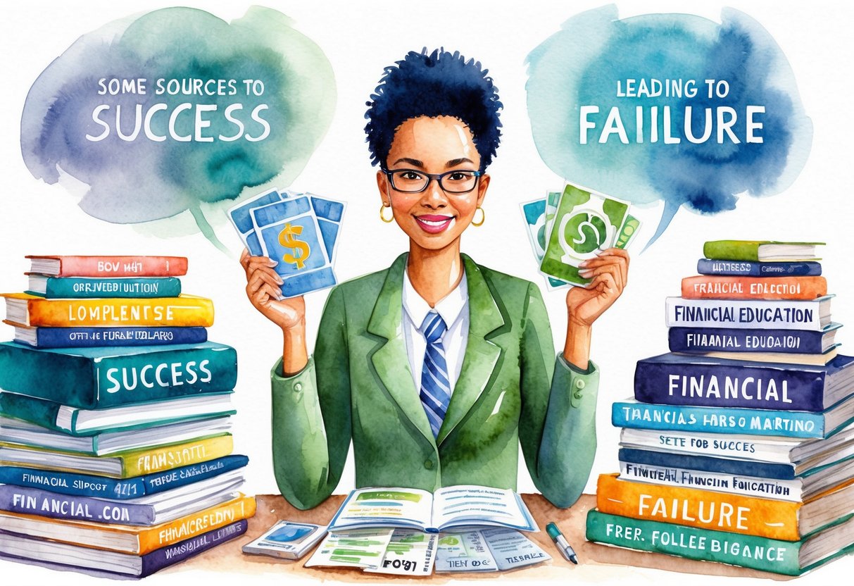 A person surrounded by a variety of financial education materials, with some sources leading to success and others leading to failure