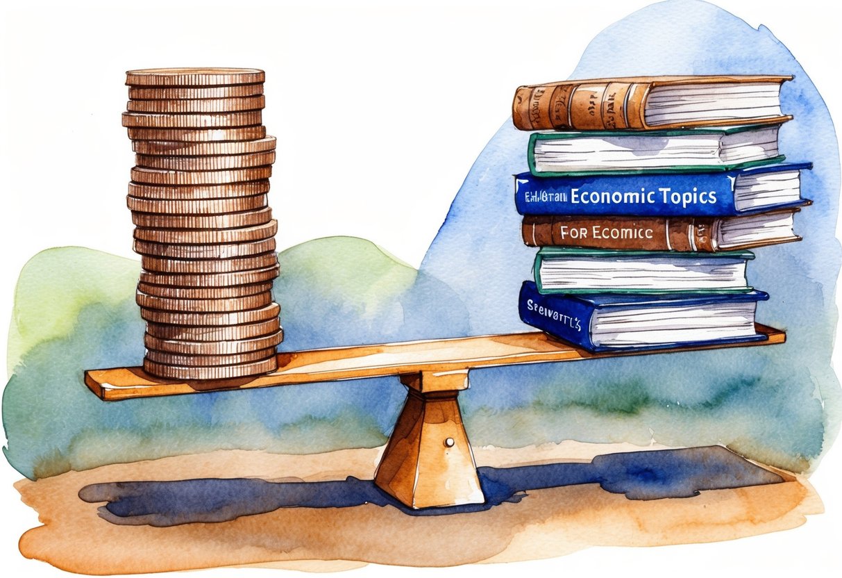 A stack of coins balanced on a seesaw, with one side weighed down by books on various economic topics, and the other side empty