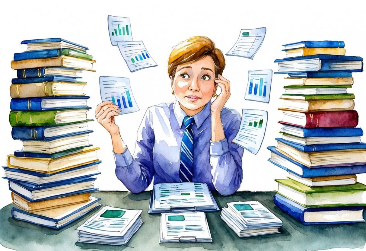 A person sitting at a desk surrounded by stacks of books and financial documents, with a puzzled expression while trying to make sense of complex financial concepts
