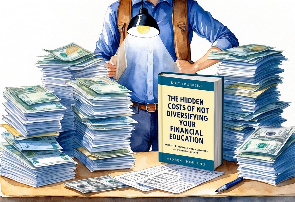 A person surrounded by stacks of bills and loan documents, with a spotlight on a book titled "The Hidden Costs of Not Diversifying Your Financial Education."
