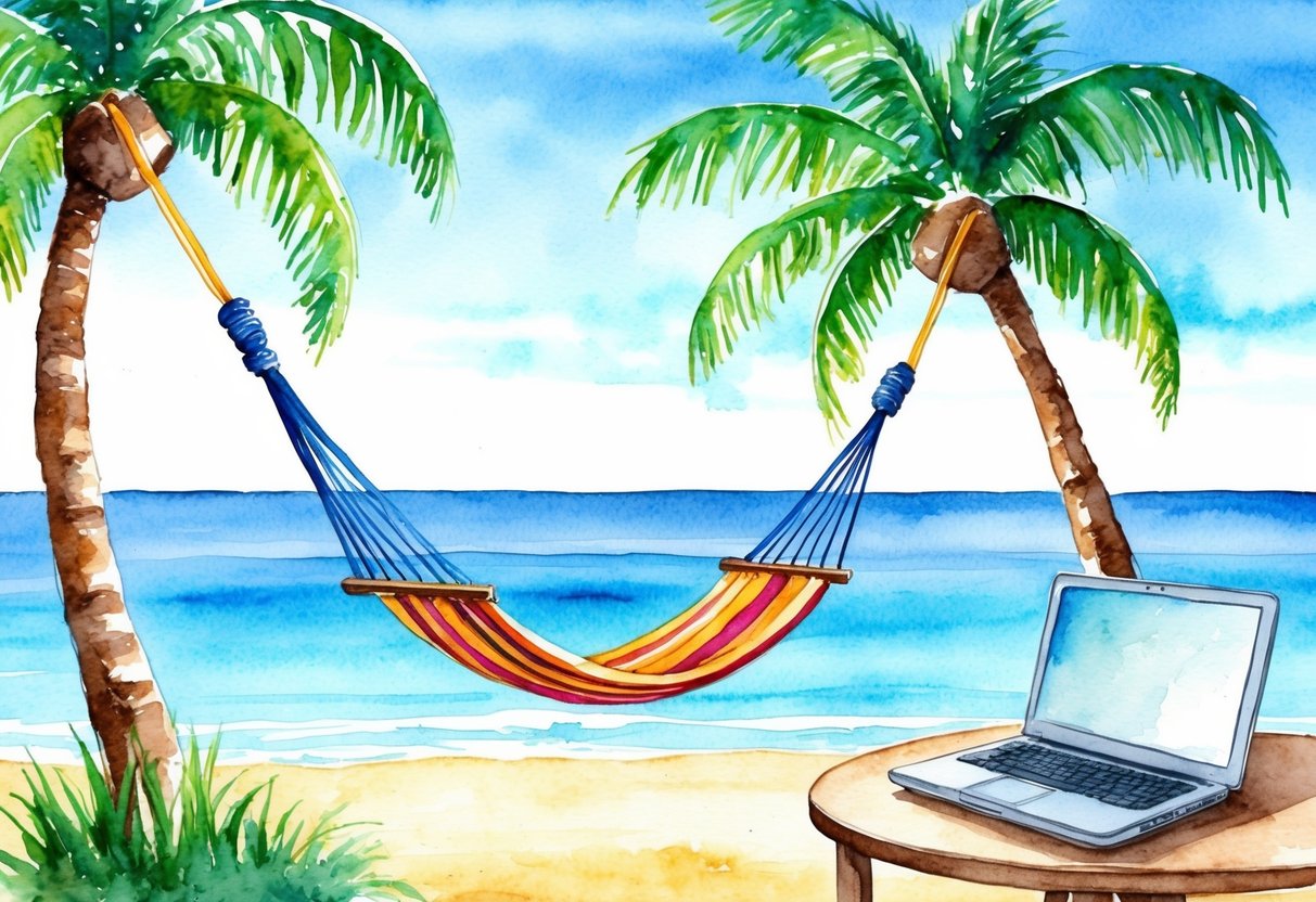 A serene beach with a hammock tied between two palm trees, overlooking a calm ocean with a clear blue sky. A laptop and a stack of money sit on a nearby table