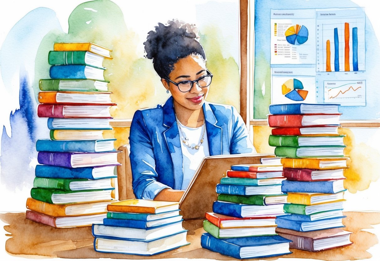 A person researching various financial education resources while surrounded by stacks of books, charts, and graphs
