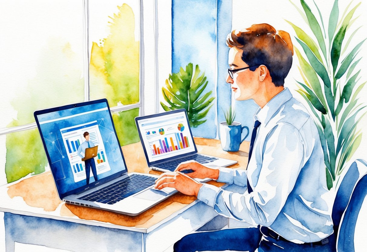A person working at a desk with a laptop, while also receiving passive income from investments in stocks and real estate