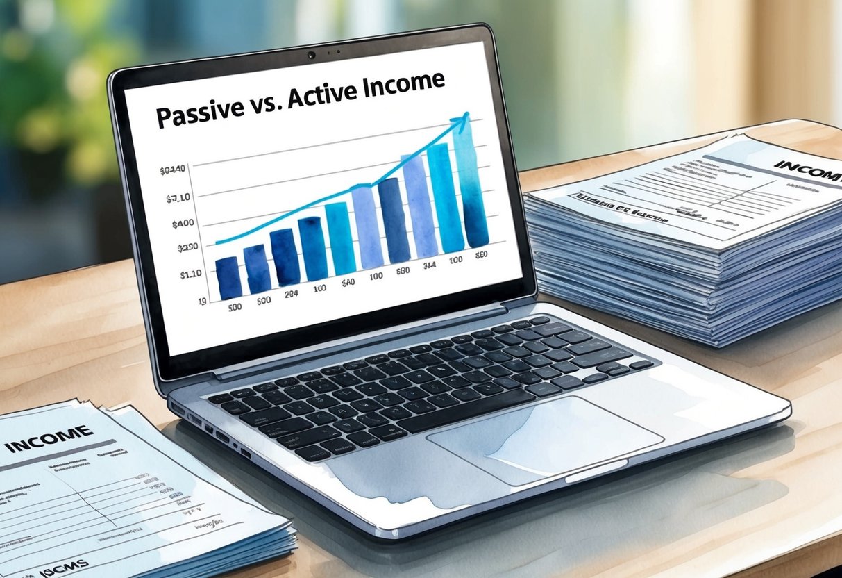 A modern, sleek laptop sits on a desk next to a stack of financial documents. A graph showing passive vs. active income is displayed on the screen