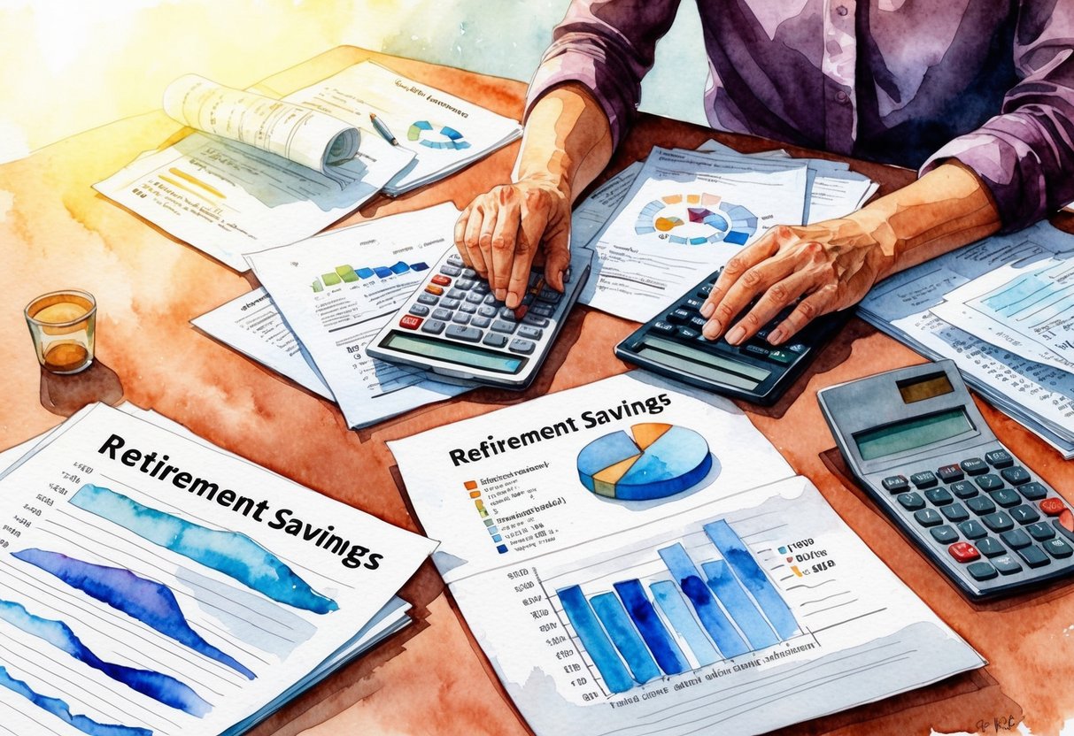 A table with scattered financial documents, calculator, and retirement savings chart. A worried expression on a person's face