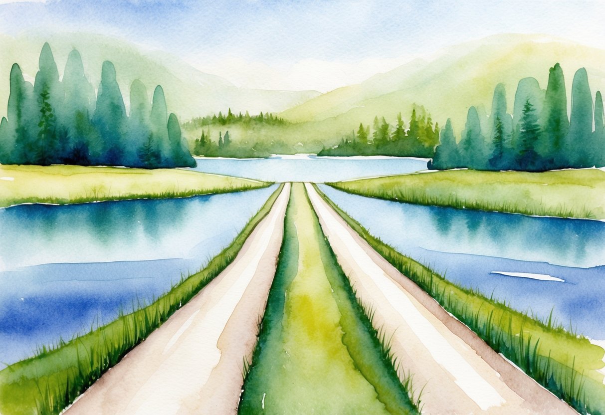 A serene and tranquil landscape with two distinct paths leading in opposite directions, symbolizing the choice between passive and active income for retirement