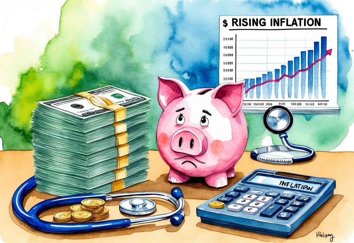 A stack of bills and coins next to a stethoscope and a rising inflation graph, with a worried expression on a piggy bank's face