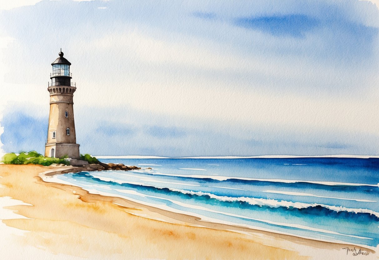 A serene beach with a sturdy lighthouse, calm waves, and a clear sky, symbolizing financial stability and security for retirement planning